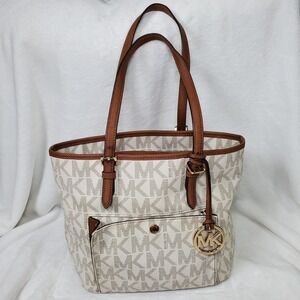 Michael Kors Signature Jet Set Item Medium Top Zip Snap Pocket Tote Shoulder Bag